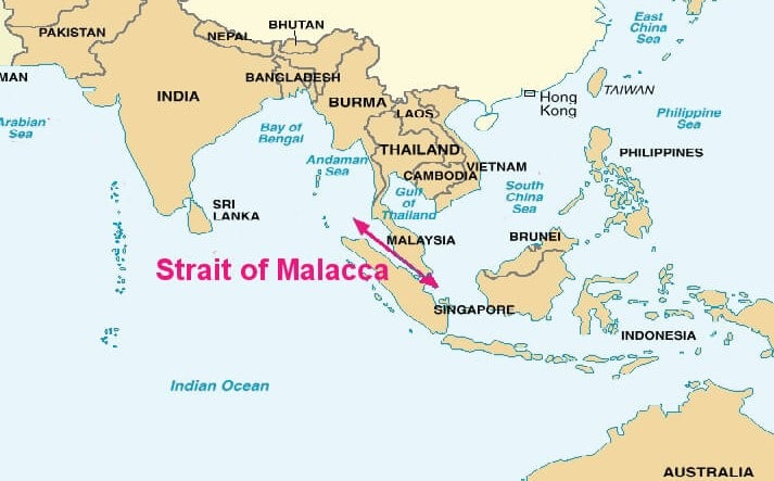 The map indicates the Strait of Malacca