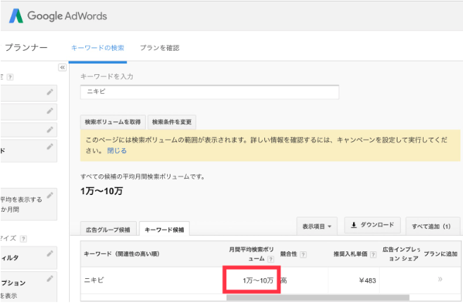 Googleキーワードプランナー 調べた「 ニキビ」の月間平均検索ボリューム