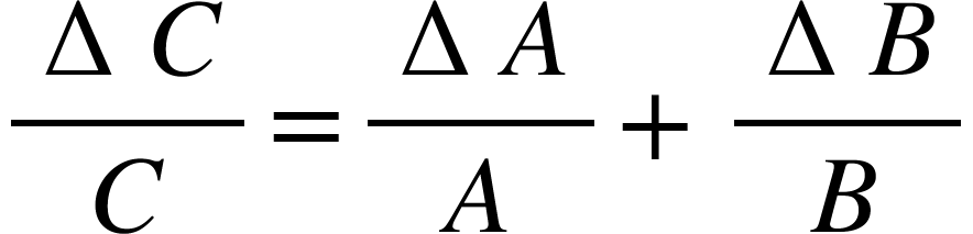 <math xmlns="http://www.w3.org/1998/Math/MathML"><mfrac><mrow><mo>&#x2206;</mo><mi>C</mi></mrow><mi>C</mi></mfrac><mo>=</mo><mfrac><mrow><mo>&#x2206;</mo><mi>A</mi></mrow><mi>A</mi></mfrac><mo>+</mo><mfrac><mrow><mo>&#x2206;</mo><mi>B</mi></mrow><mi>B</mi></mfrac></math>