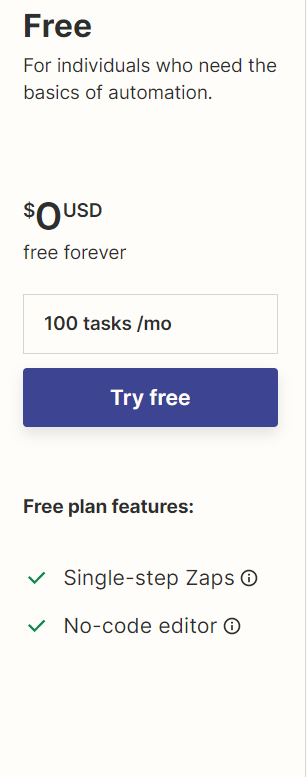 Free Version (0 USD); 100 Tasks Per Month