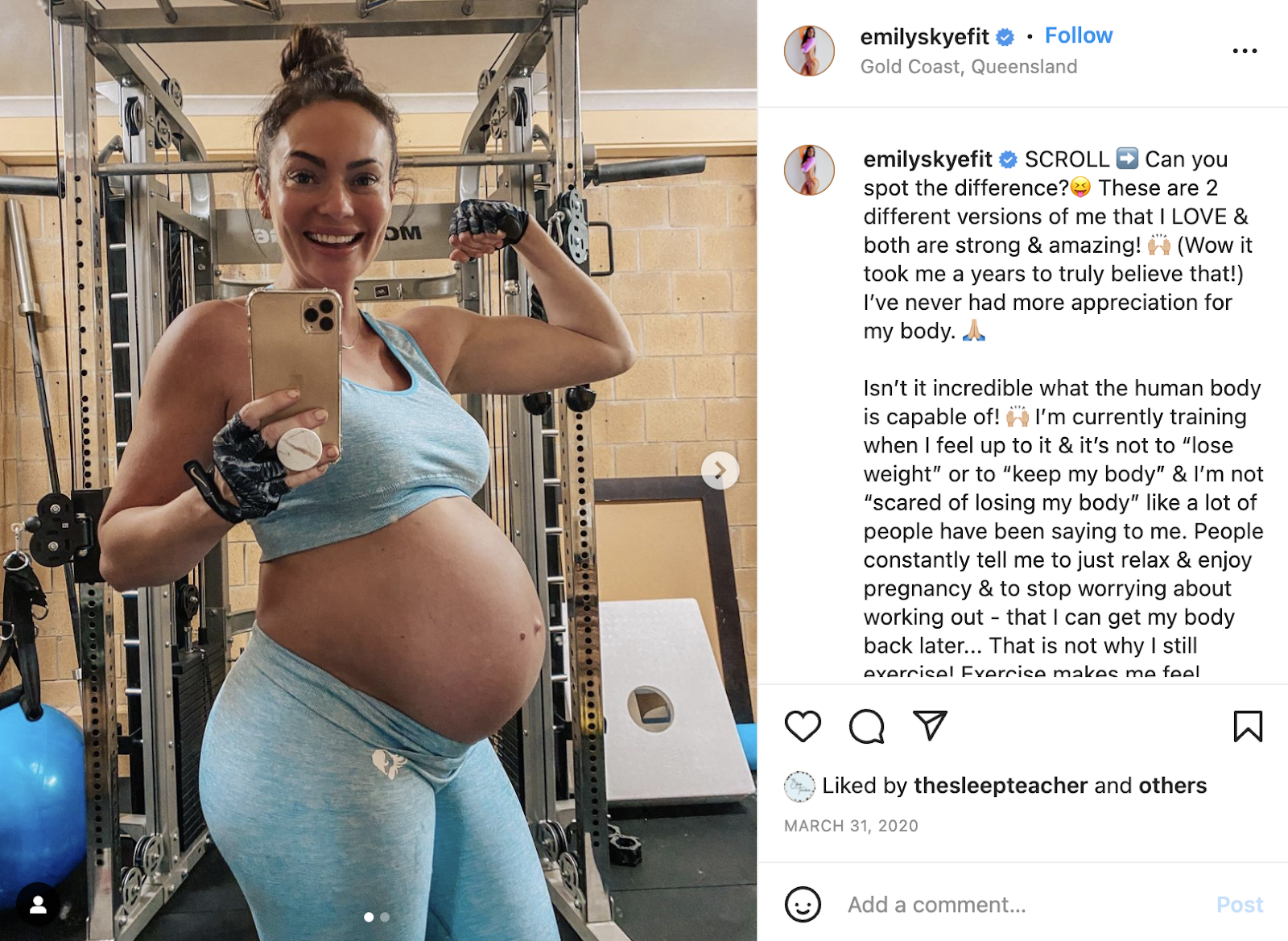 Emily Skye with her beautiful bump in a sky blue crop top and tights set from Women’s Best