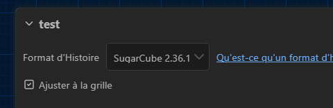 Le menu de format d'histoire, avec un menu déroulant réglé sur Sugarcube 2.36.1