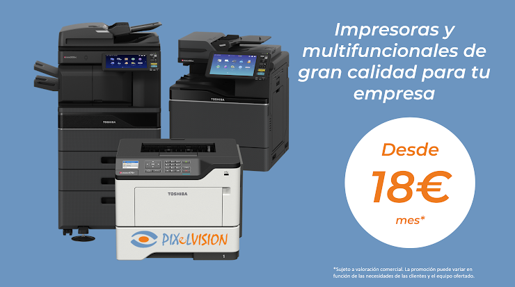 Renueva las impresoras, multifuncionales y fotocopiadoras de tu empresa con Pixelvision sin inversión inicial. Soluciones de renting y pago por uso de impresoras y multifuncionales.