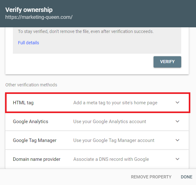 URL ownership verification methods for Google Search Console