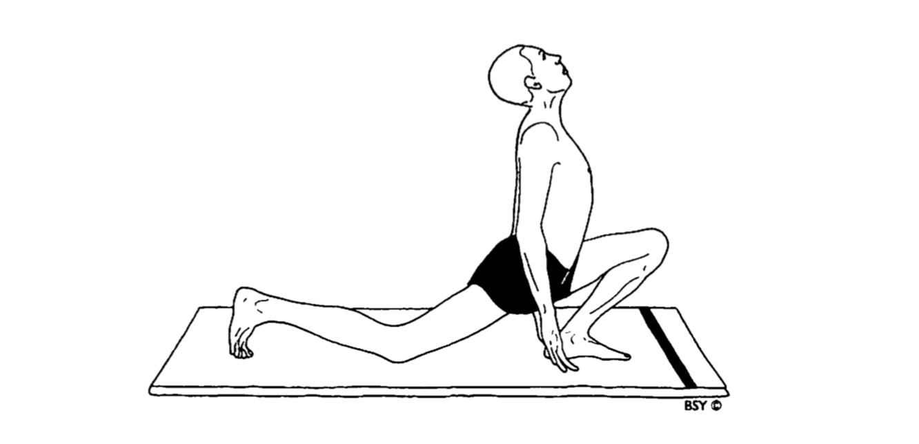 Sun Salutation Step 9 in yoga for obesity. The image shows the ninth step in the Sun Salutation (Surya Namaskar) sequence.