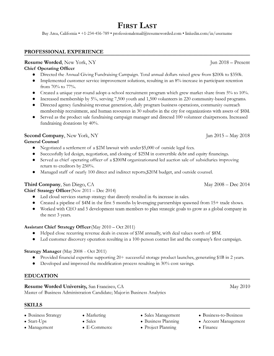 Resume template for C-level or executive positions