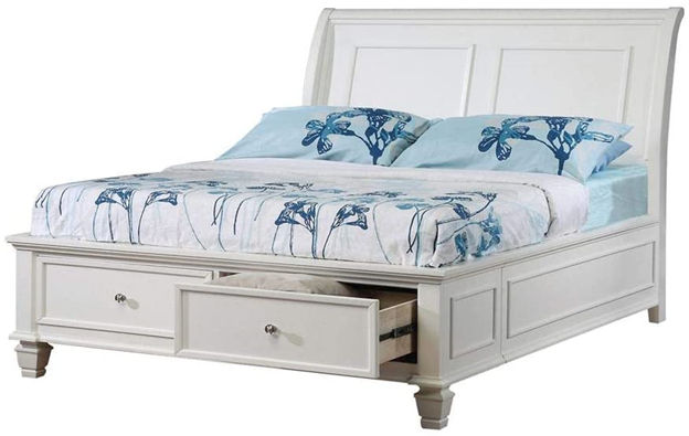 A storage sleigh bed includes drawers or under-bed storage for items like bedding so you can save closet space in a small bedroom