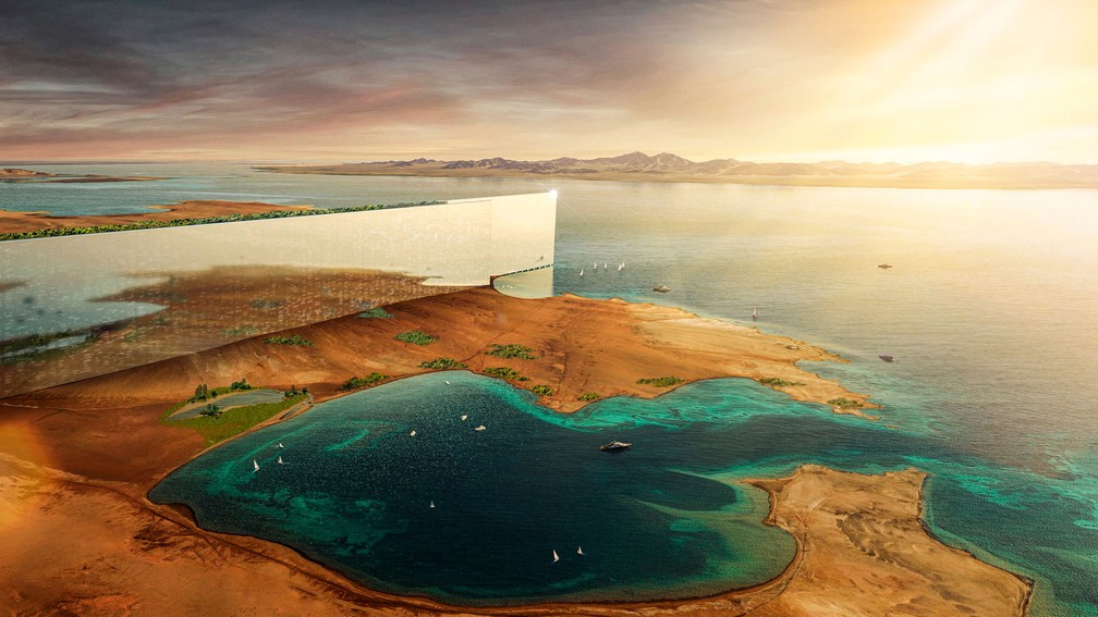 Projeto de mega prédio com 170 km de extensão foi anunciado para a cidade de Neom, na Arábia Saudita — Foto: Neom/Divulgação
