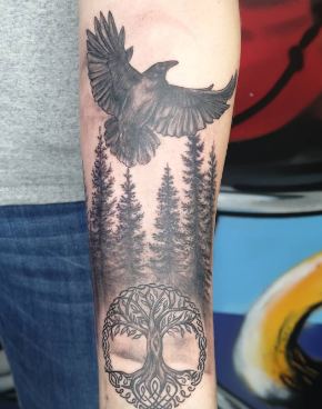 Crow And Forest With Yggdrasil Tattoo