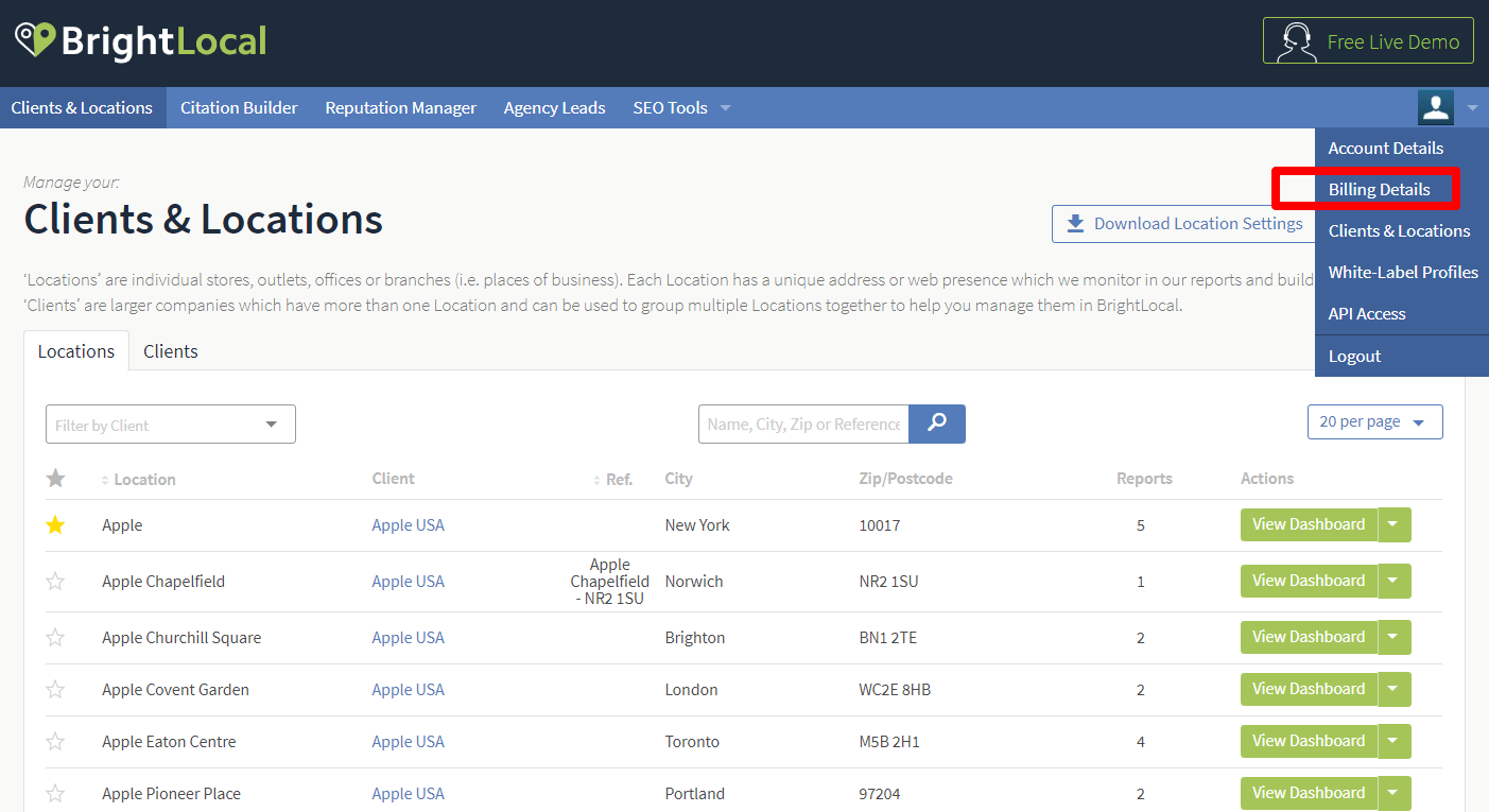 brightlocal methods payment billing clients locations edit started getting help section dashboard