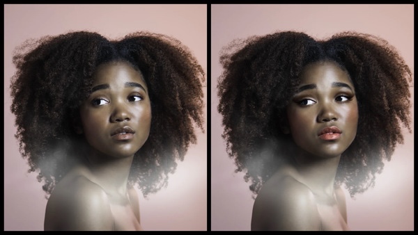 antes e depois da foto de uma mulher negra olhando para o lado sendo que em uma foto está com a maquiagem CEO do AirBrush