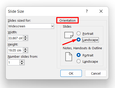 Default Slide orientation under Slide size