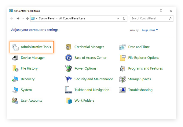 Selecting the Administrative Tools category in the Control Panel of Windows 10 Safe Mode.
