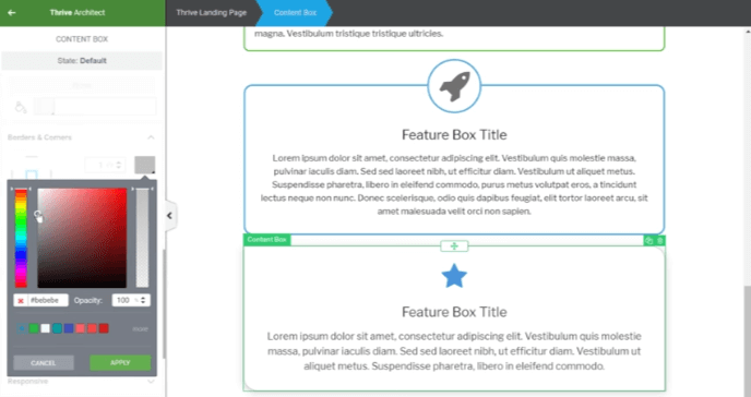 The content box feature in the Thrive Architect editor