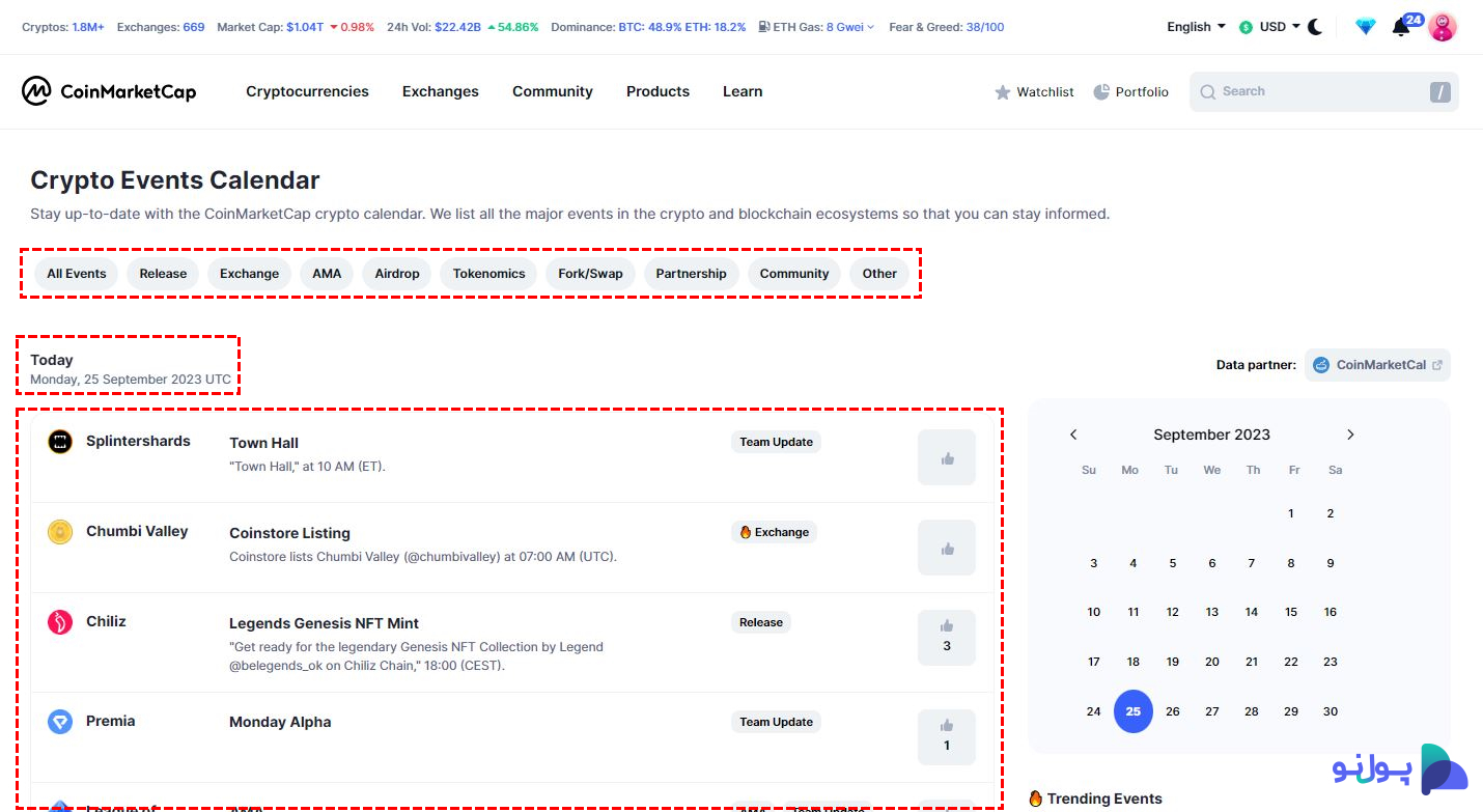 تقویم رویدادها (Events Calendar) یکی از محصولات سایت کوین مارکت کپ