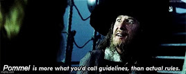 A screenshot from Pirates of the Caribbean of the character Barbossa. The closed captions have been altered to say '[Pommel] is more what you'd call guidelines, than actual rules.'
