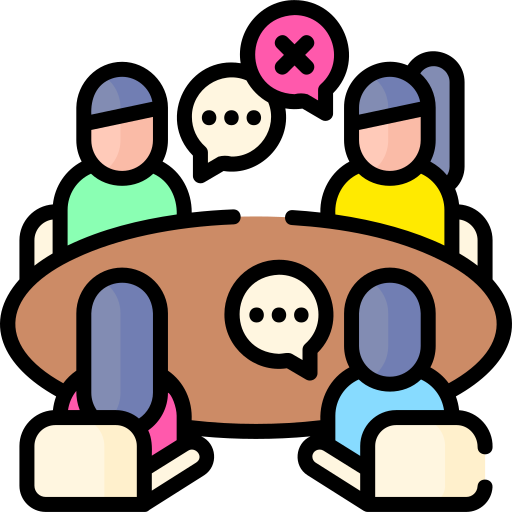 Icon of four people with thought bubbles around table.