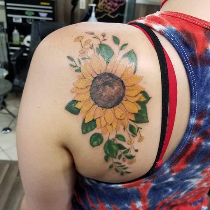 Large Sunflower Tattoo On Back Shoulder