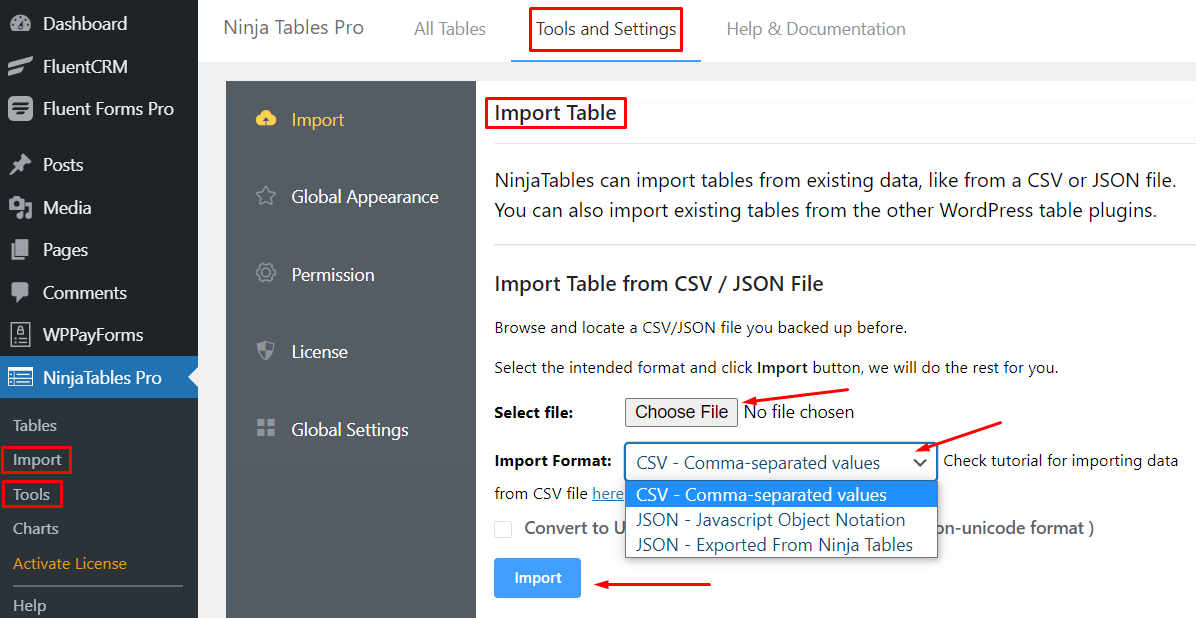 table with imported data