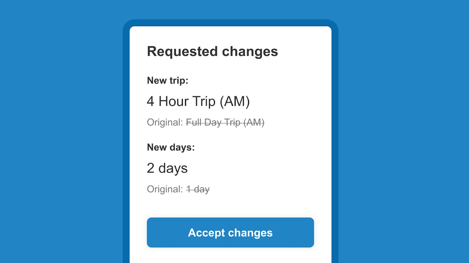 A screenshot of the confirm changes page on FishingBooker after a change in trip package has been requested, against a blue background