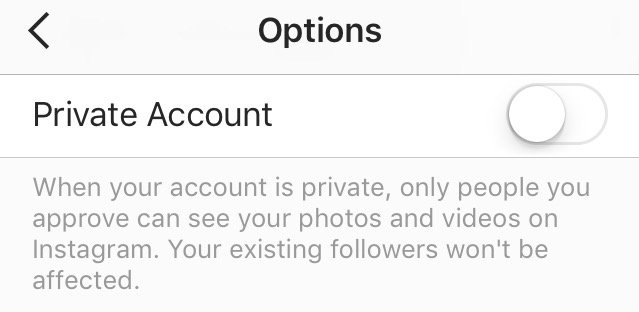 Screenshot of private account toggle on Instagram