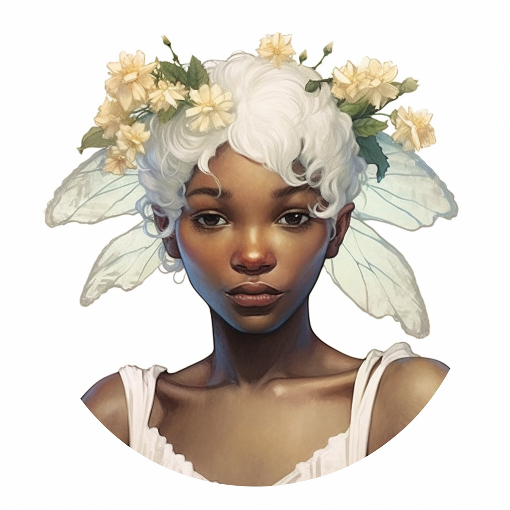 A person with wings and flowers in her hair

Description automatically generated