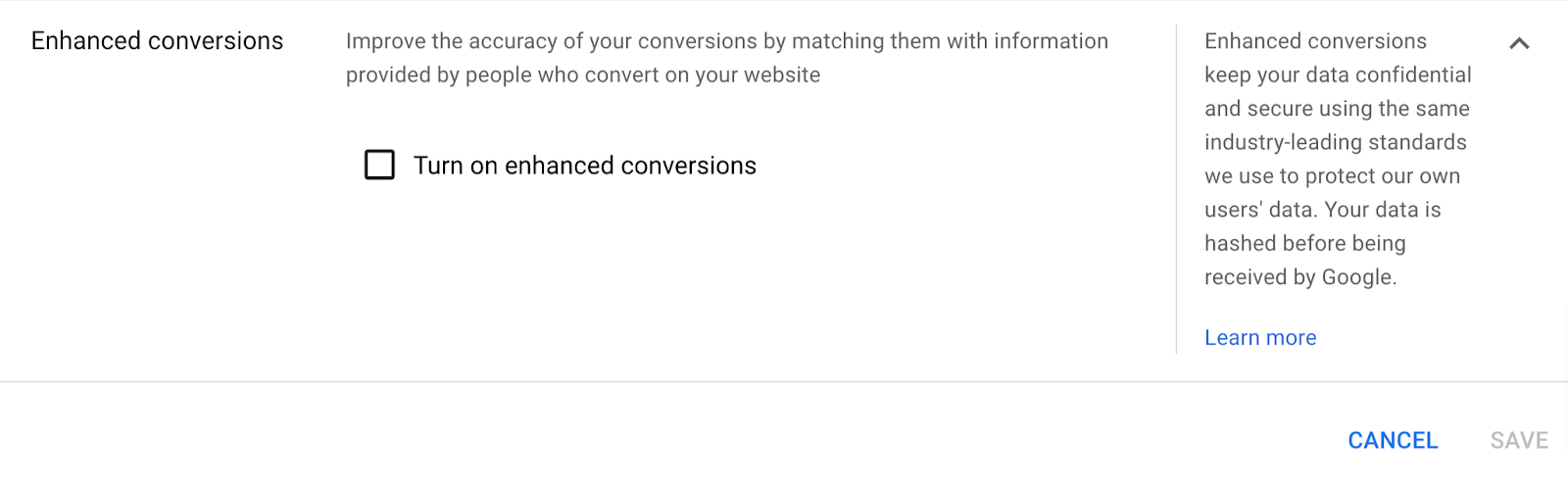 A screenshot of Enhanced Conversions in the Google Ads settings