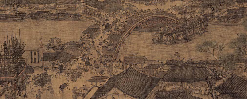 This section of a Song Dynasty period scroll depicts a bridge in Kaifeng, the first capital