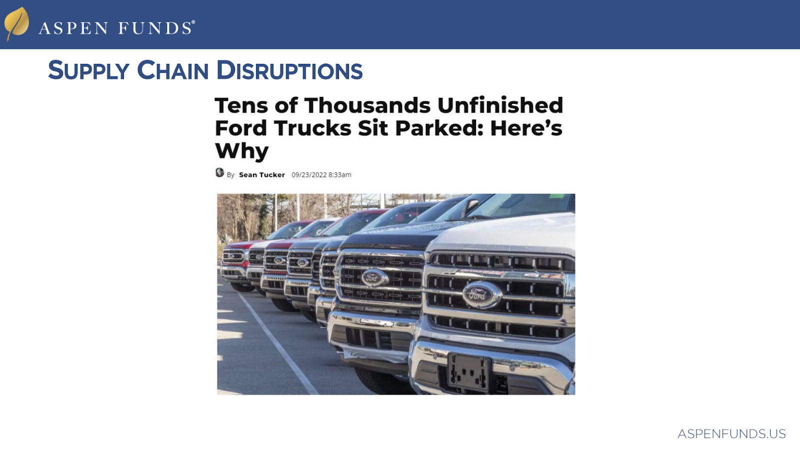 Picture of a new article about Ford's new truck inventory sitting stuck because of missing microchips due to supply chain issues. 