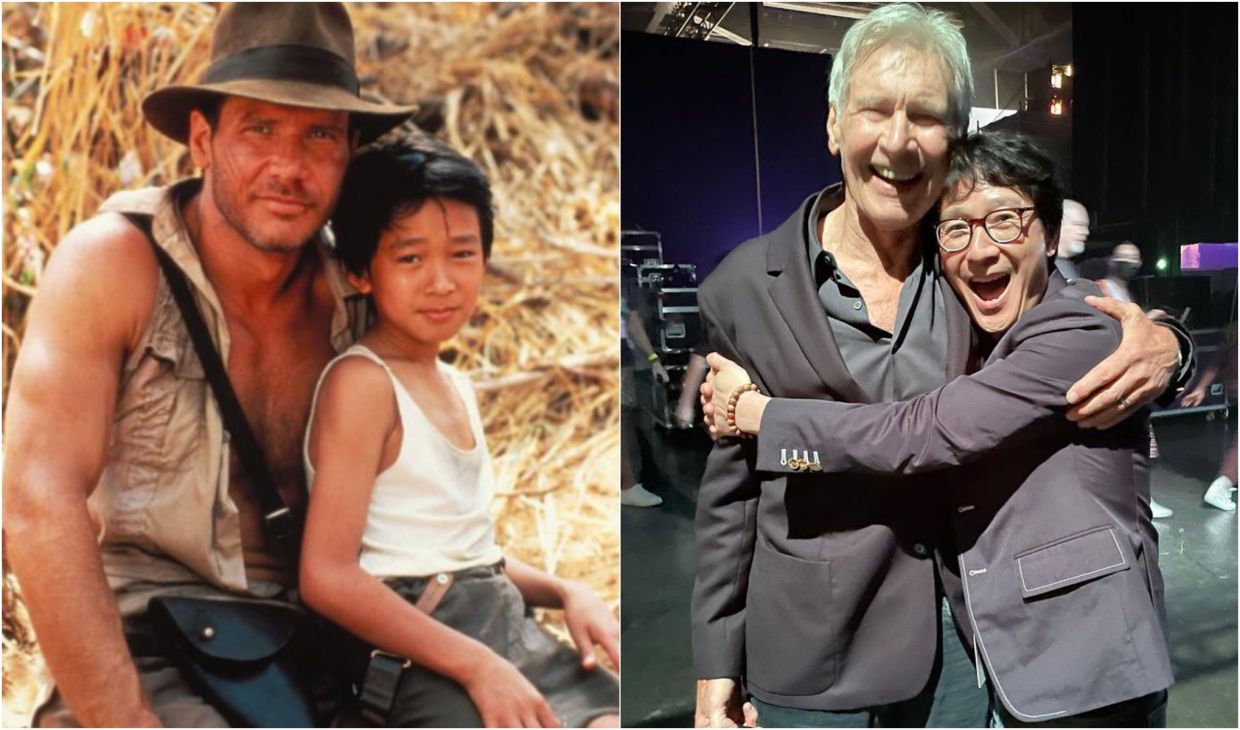 Harrison Ford dan Ke Huy Quan di film Indiana Jones and the Temple of Doom (kiri), dan di panggung Academy Awards 2023 (kanan). (Sumber: The Star)