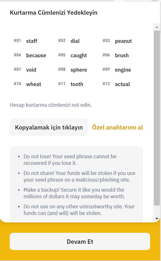 binance chain wallet özel anahtar