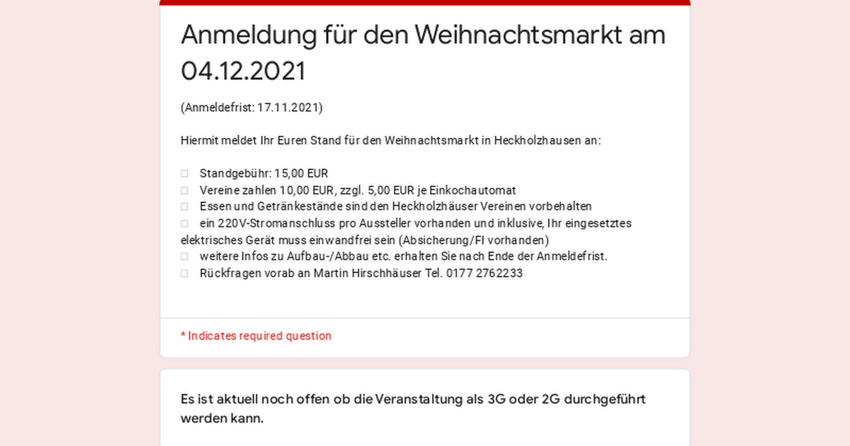 Anmeldung für den Weihnachtsmarkt am 04.12.2021