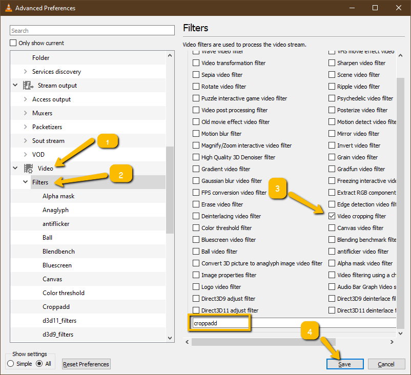 Screenshot of how to save your cropping settings in VLC Player.