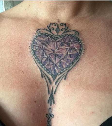 Amethyst Heart Chest Tattoo For Women