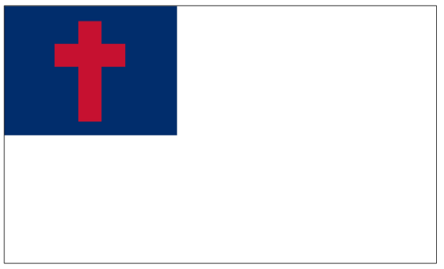 "The ground is white, representing peace, purity and innocence. In the upper corner is a blue square, the color of the unclouded sky, emblematic of heaven, the home of the Christian; also a symbol of faith and trust. in the center of the blue is the cross, the ensign and chosen symbol of Christianity: the cross is red, typical of Christ's blood."