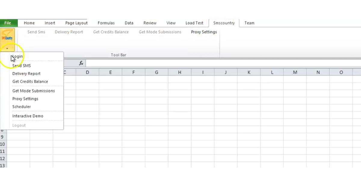 Logistics tracking spreadsheet excel | SMSCountry Excel Plugin | Options on the toolbar