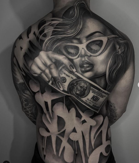 Stylish Lady With Money Tattoo On Full Back