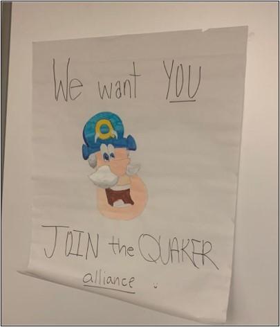 A poster with a cartoon character (that looks like the Captain Crunch mascot) on it, and the words "We want YOU to join the Quaker Alliance" 