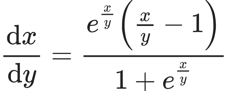 {"id":"13-0-1-0-1-1-1-1-1-0","font":{"size":10,"family":"Arial","color":"#222222"},"code":"\\begin{align*}\n{\\diff{x}{y}}&={\\frac{e^{\\frac{x}{y}}\\left(\\frac{x}{y}-1\\right)}{1+e^{\\frac{x}{y}}}}\t\n\\end{align*}","type":"align*","ts":1604222590562,"cs":"f+3a7qnf+fxwjgoKvz59MQ==","size":{"width":129,"height":52}}