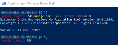 The terminal for Administrator: Windows PowerShell to lock your BitLocker encrypted drive or VHD file