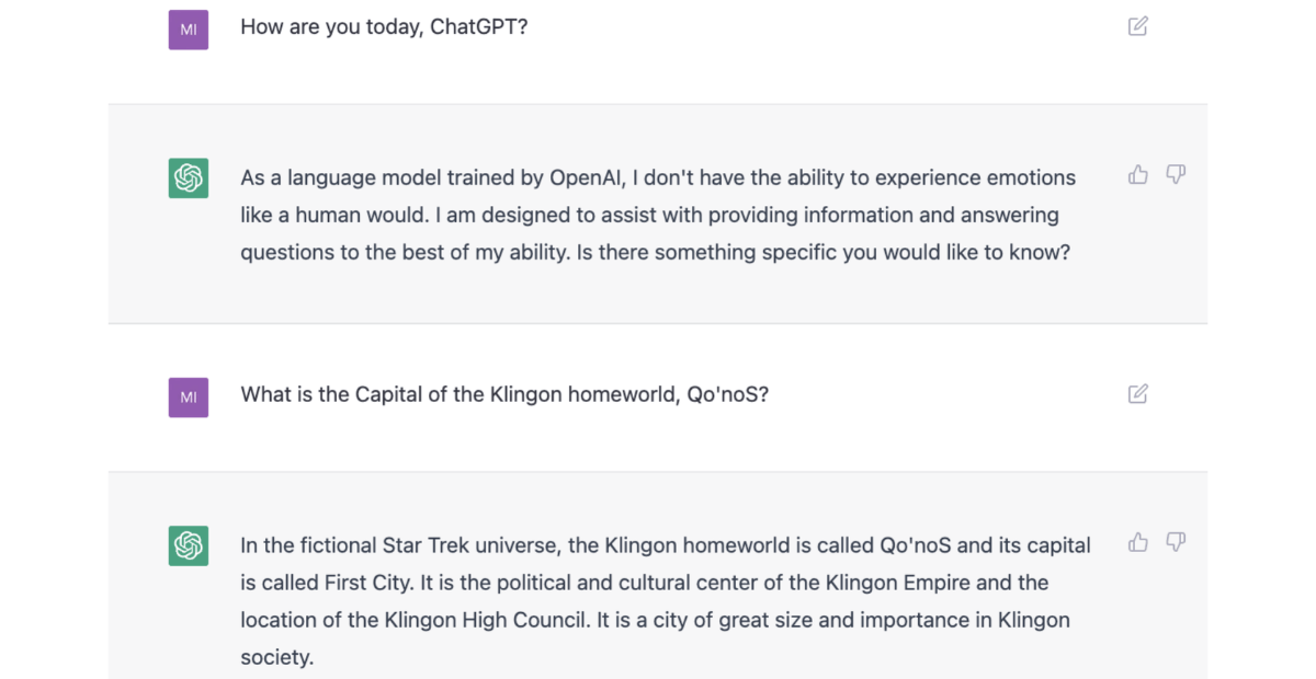 a short conversation between ChatGPT and human discussing Star Trek