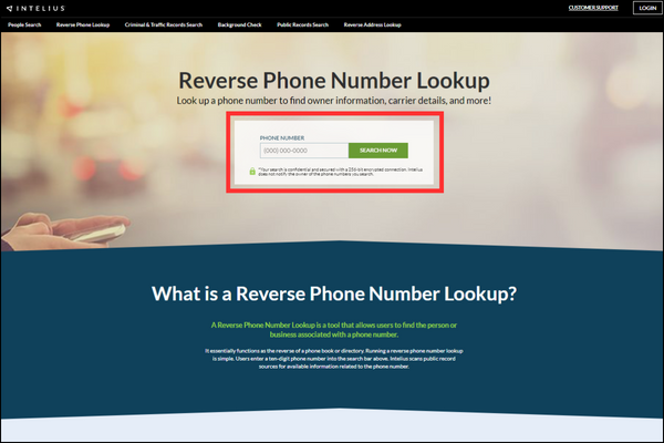 Intelius Reverse Phone Number Lookup page