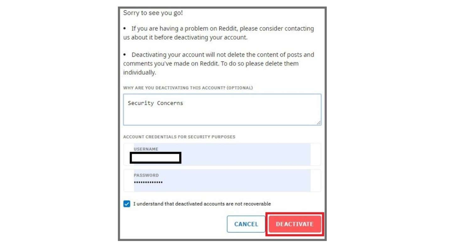 Screenshot final stage before deactivating Reddit account