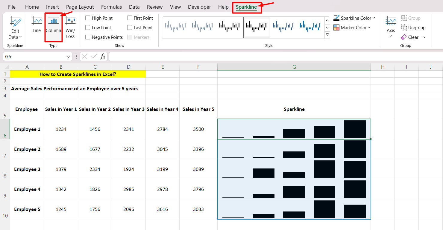 How to add sparklines in Excel - Choose the type of Sparkline