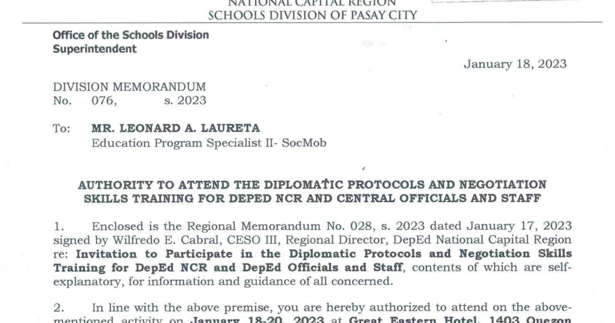 01182023 Division Memorandum No. 076, s. 2023 Authority to Attend The