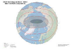 Magnetic North Component at 2020.0 from the World Magnetic Model Arctic Projection
