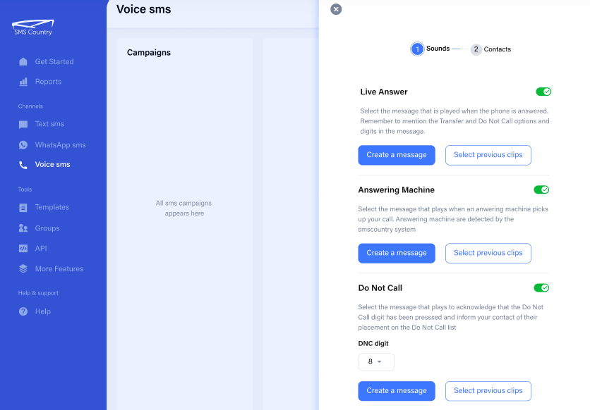 Bulk SMS Service Providers | SMSCountry voice SMS dashboard showing voice messaging features