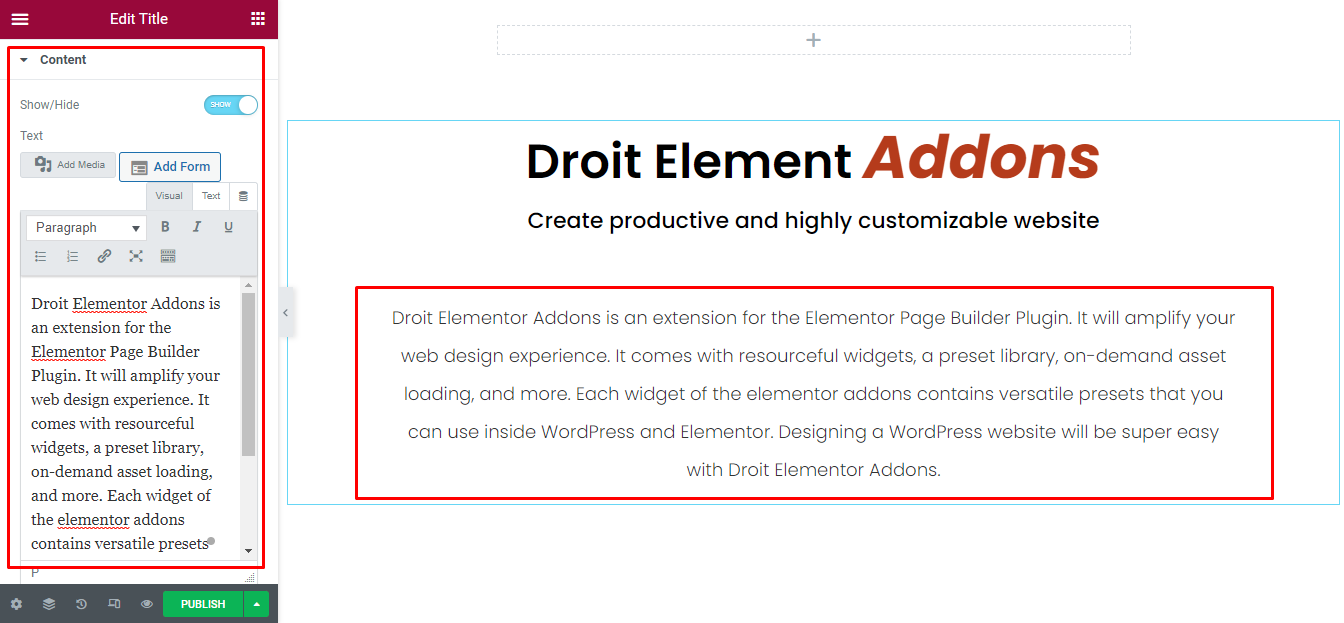 Droit Title widget content edit menu on Elementor 