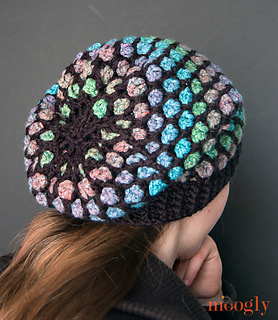crochet slouch hat made with black and multicolored yarn