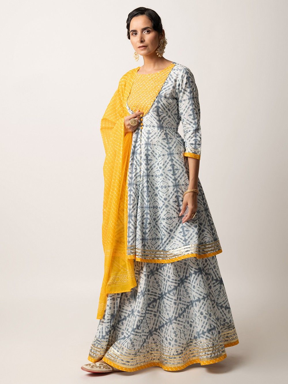 the loom - Grey Tie and Dye Printed Cotton Sequins Work Kurta
